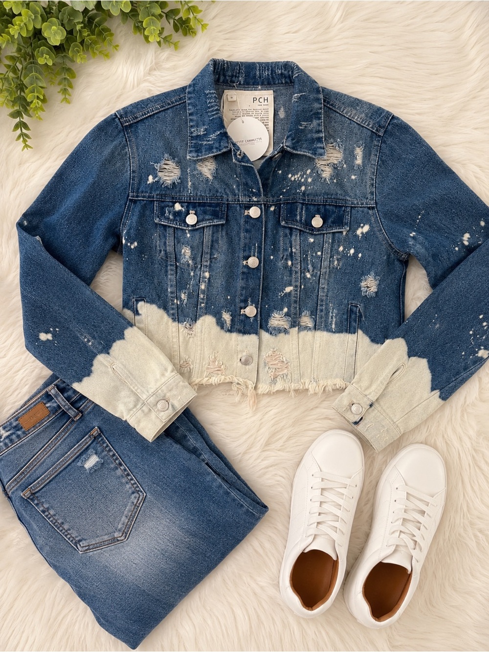 PCH Distressed Dip-Dye Cropped Denim Jacket - Blue & Bleach